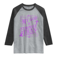 My God Is Stronger Than Alzheimers Raglan Shirt Faith Hope Purple Ribbon Graphic