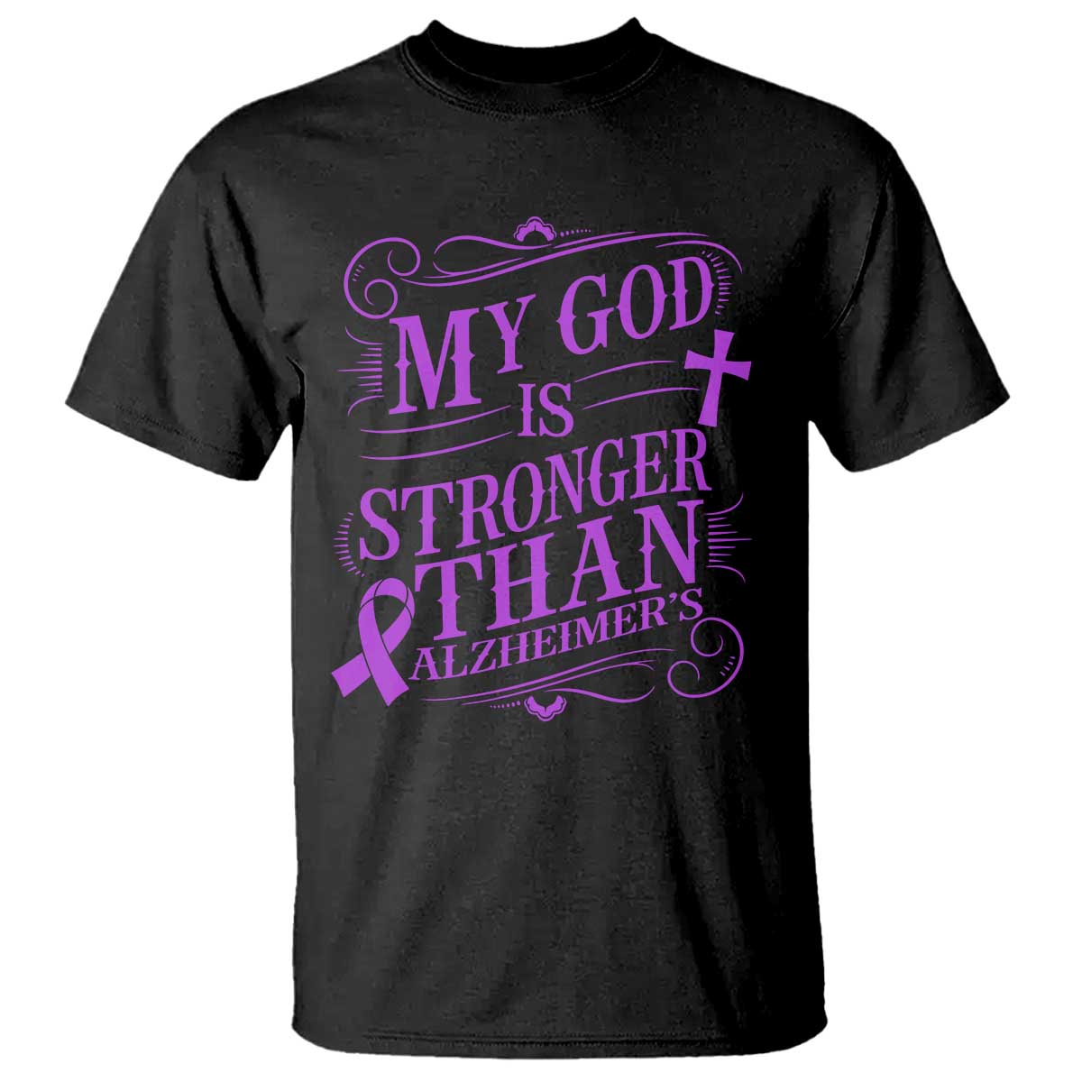 My God Is Stronger Than Alzheimers T Shirt Faith Hope Purple Ribbon Graphic