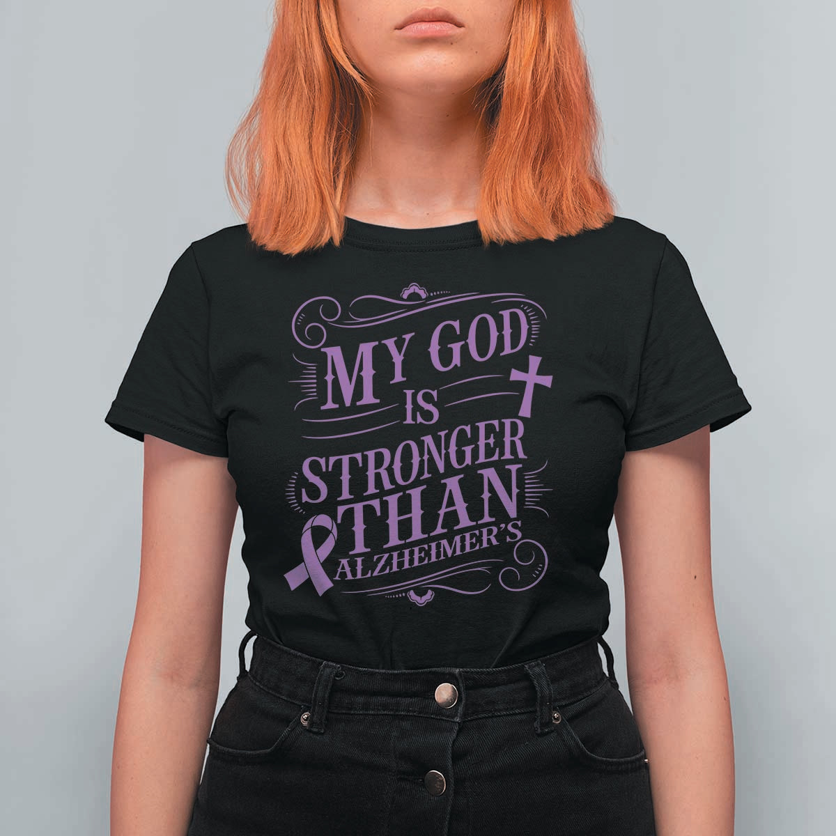 My God Is Stronger Than Alzheimers T Shirt For Women Faith Hope Purple Ribbon Graphic