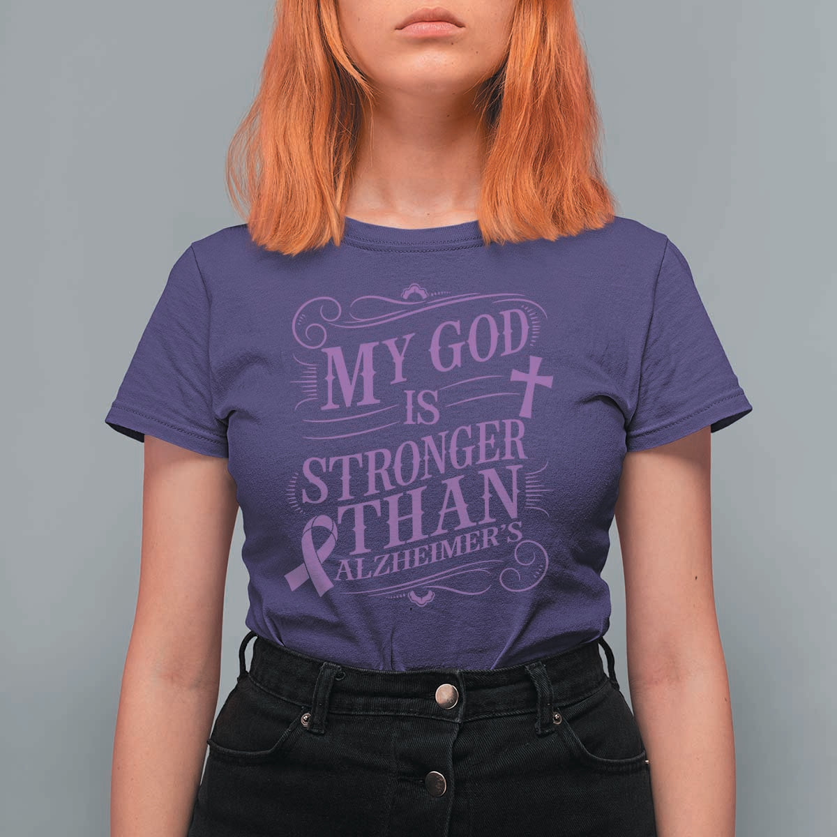 My God Is Stronger Than Alzheimers T Shirt For Women Faith Hope Purple Ribbon Graphic