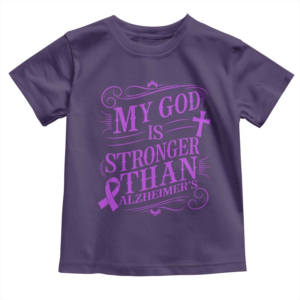 My God Is Stronger Than Alzheimers Toddler T Shirt Faith Hope Purple Ribbon Graphic
