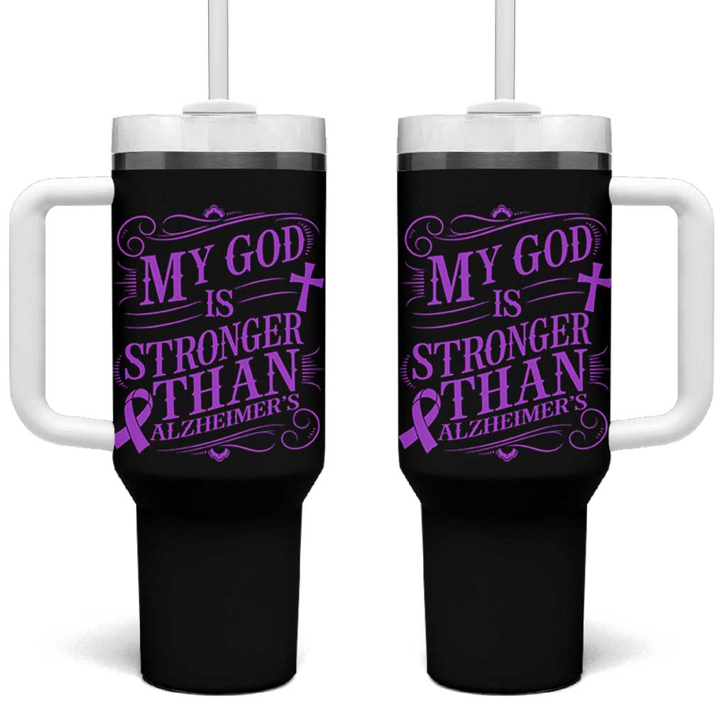 My God Is Stronger Than Alzheimers Tumbler With Handle Faith Hope Purple Ribbon Graphic