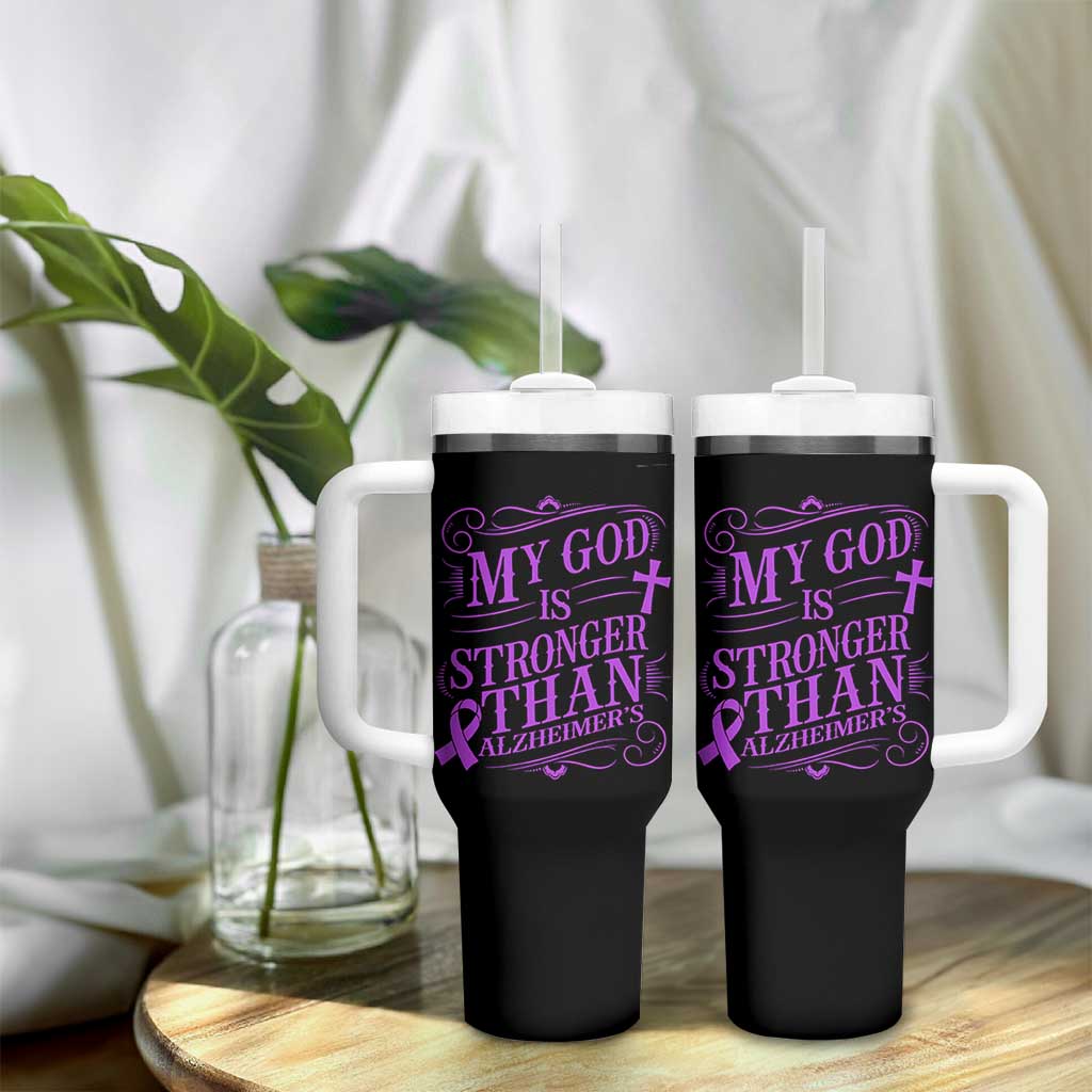 My God Is Stronger Than Alzheimers Tumbler With Handle Faith Hope Purple Ribbon Graphic