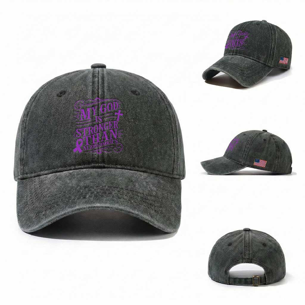 My God Is Stronger Than Alzheimers Washed Cotton Baseball Cap Faith Hope Purple Ribbon Graphic