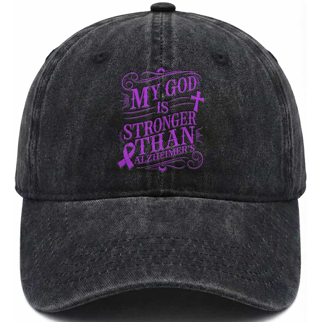 My God Is Stronger Than Alzheimers Washed Cotton Baseball Cap Faith Hope Purple Ribbon Graphic