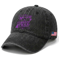 My God Is Stronger Than Alzheimers Washed Cotton Baseball Cap Faith Hope Purple Ribbon Graphic