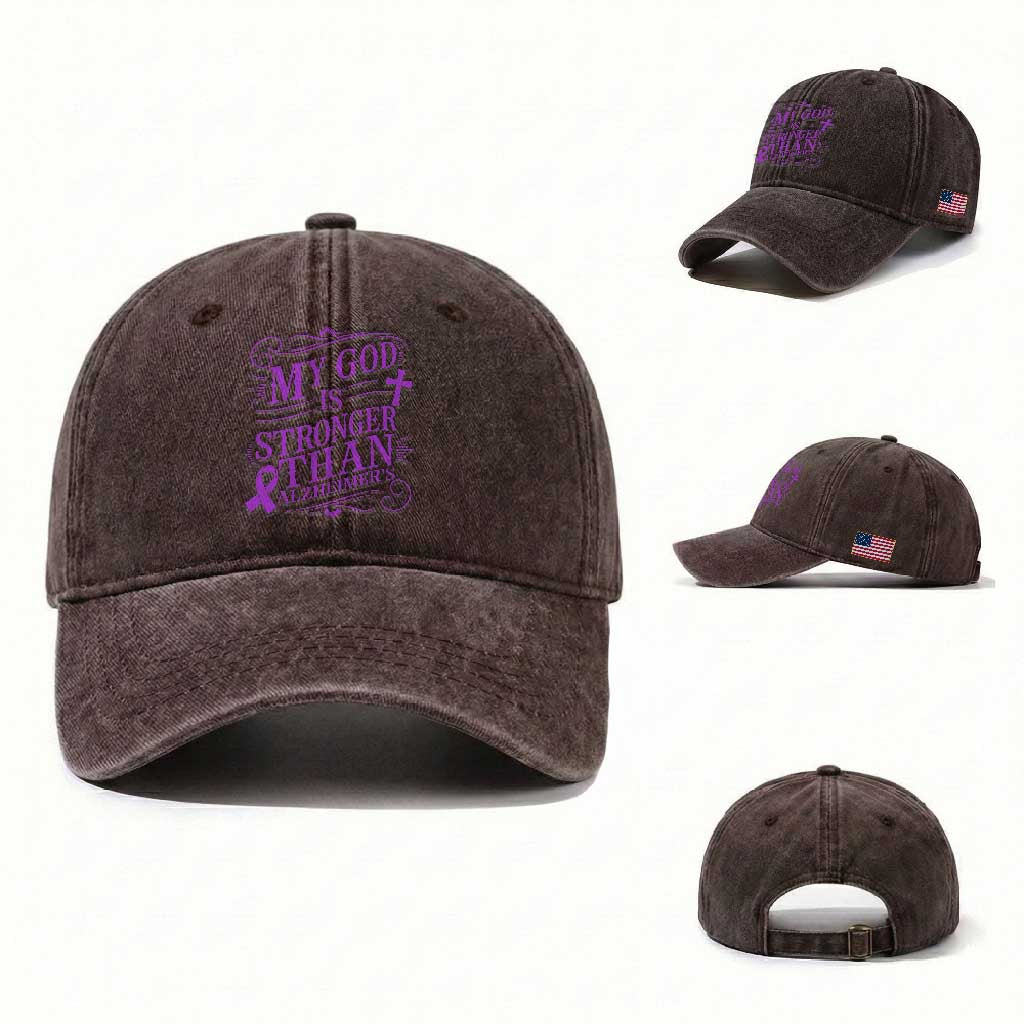 My God Is Stronger Than Alzheimers Washed Cotton Baseball Cap Faith Hope Purple Ribbon Graphic