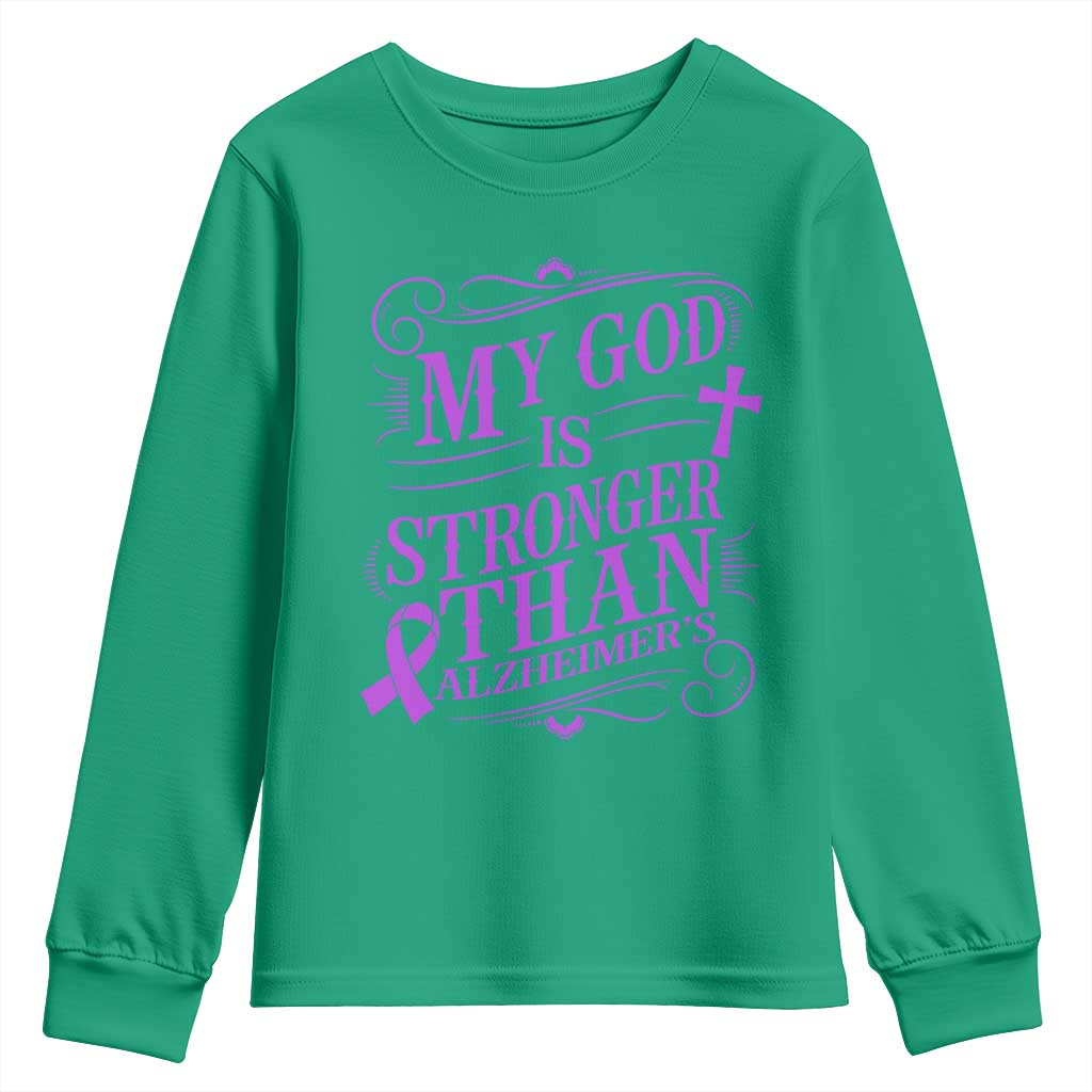 My God Is Stronger Than Alzheimers Youth Sweatshirt Faith Hope Purple Ribbon Graphic