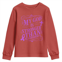 My God Is Stronger Than Alzheimers Youth Sweatshirt Faith Hope Purple Ribbon Graphic