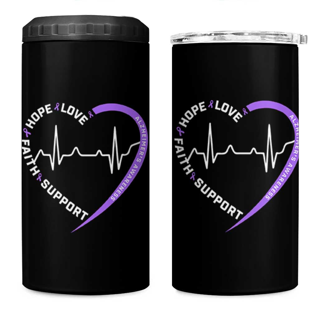 Alzheimers Awareness Heart Heartbeat Purple Ribbon 4 in 1 Can Cooler Tumbler Hope Love Faith Support