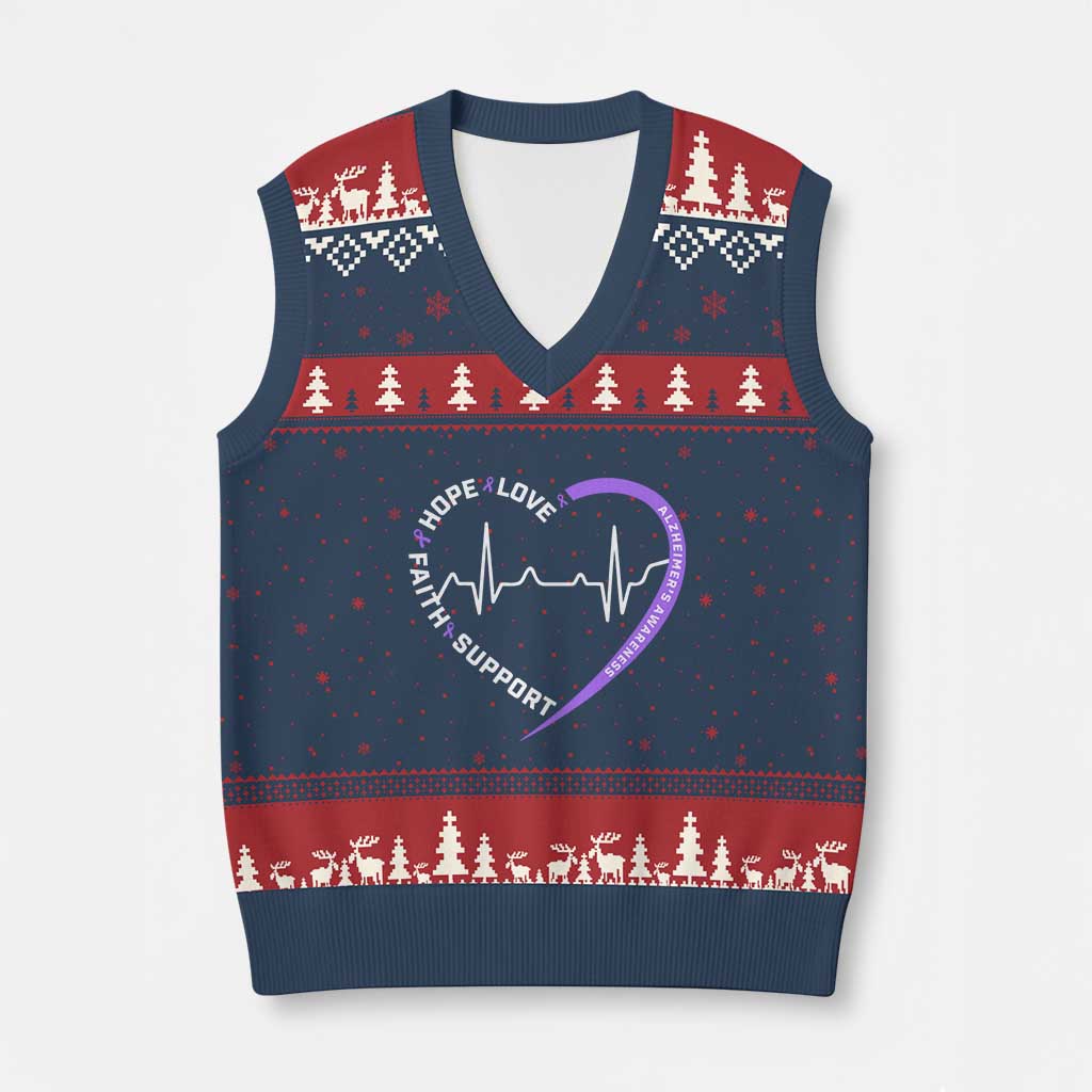 Alzheimers Awareness Heart Heartbeat Purple Ribbon V-Neck Knit Sweater Vest Hope Love Faith Support