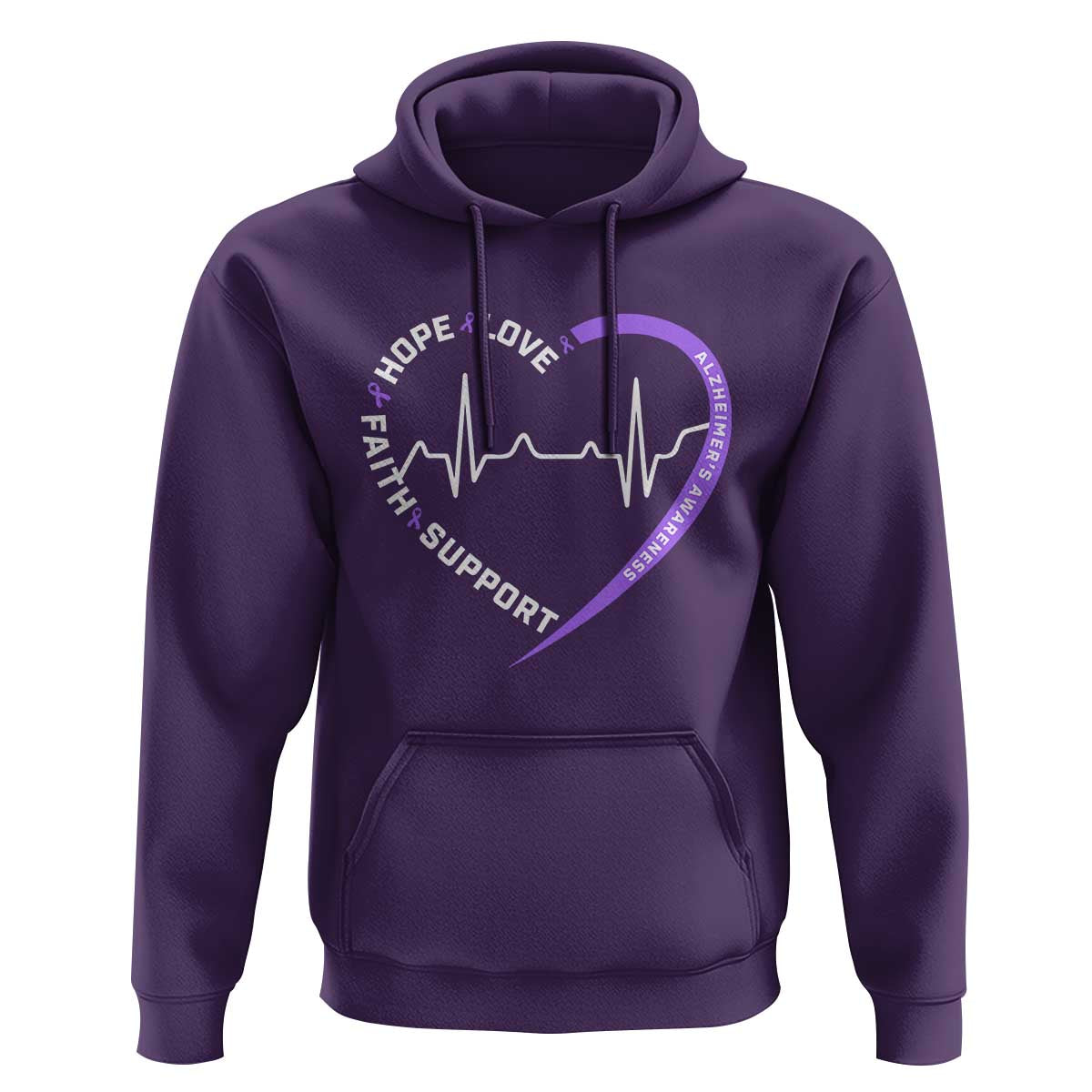 Alzheimers Awareness Heart Heartbeat Purple Ribbon Hoodie Hope Love Faith Support