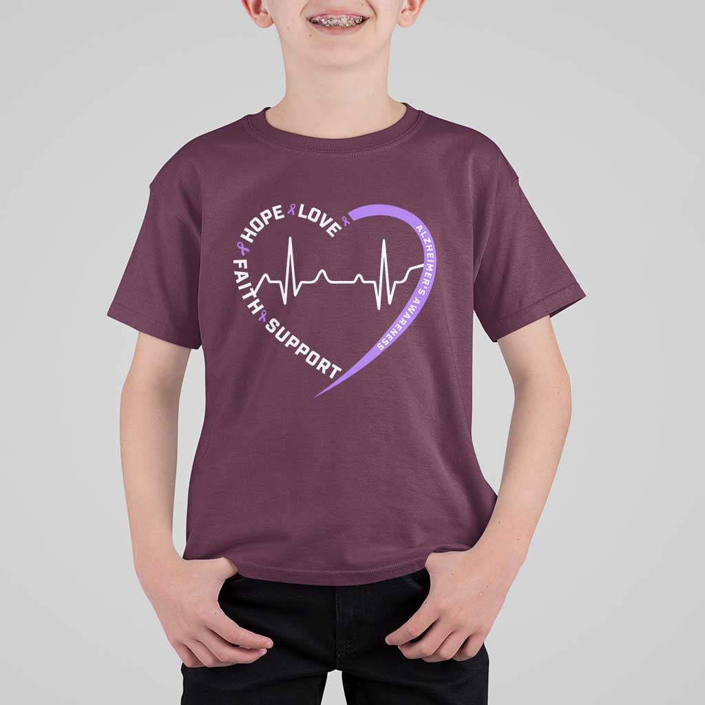 Alzheimers Awareness Heart Heartbeat Purple Ribbon T Shirt For Kid Hope Love Faith Support