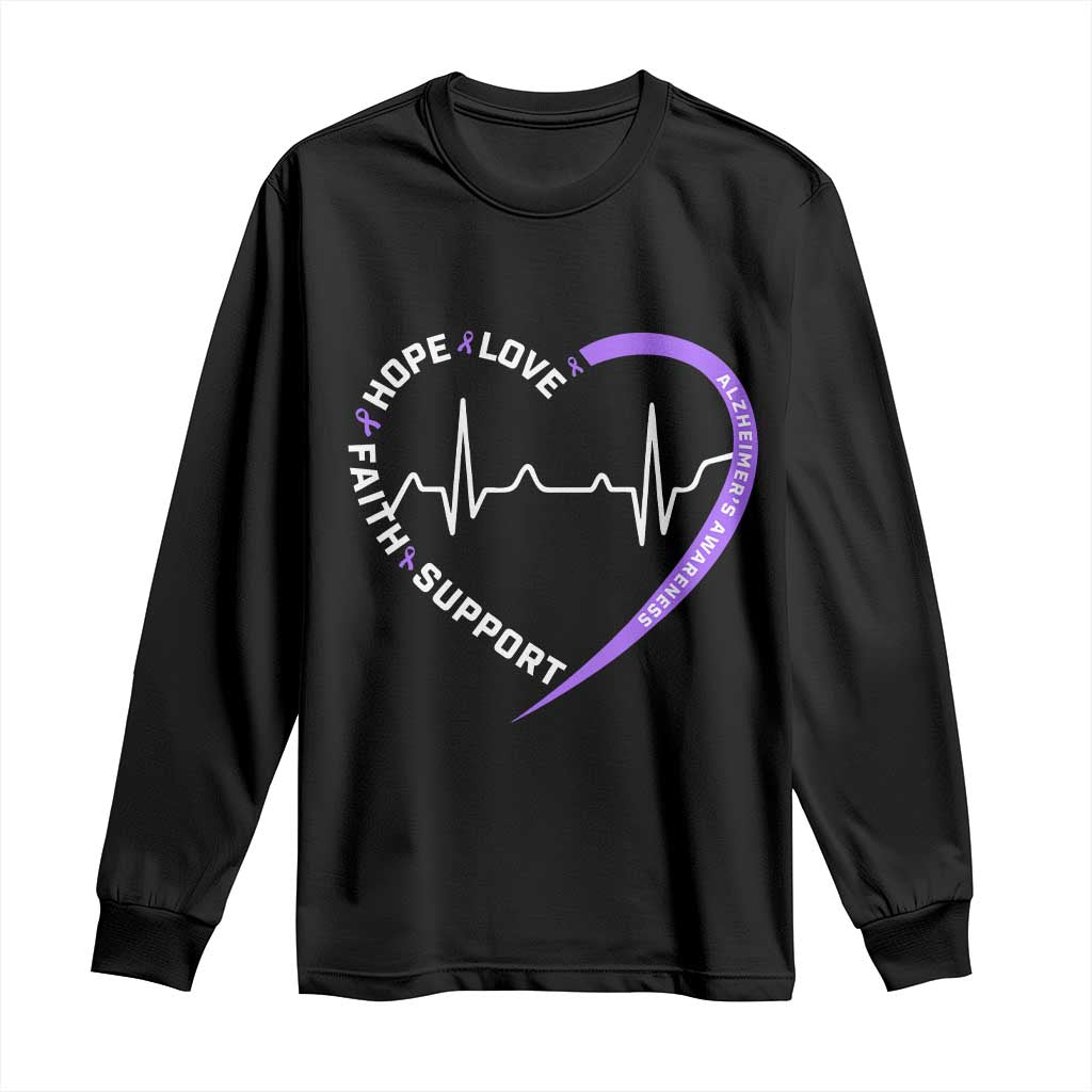 Alzheimers Awareness Heart Heartbeat Purple Ribbon Long Sleeve Shirt Hope Love Faith Support