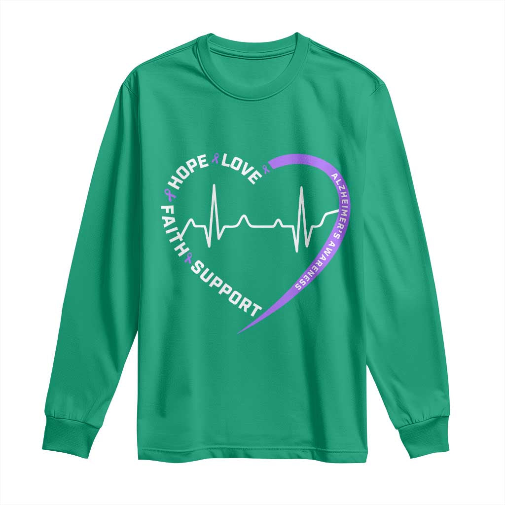 Alzheimers Awareness Heart Heartbeat Purple Ribbon Long Sleeve Shirt Hope Love Faith Support
