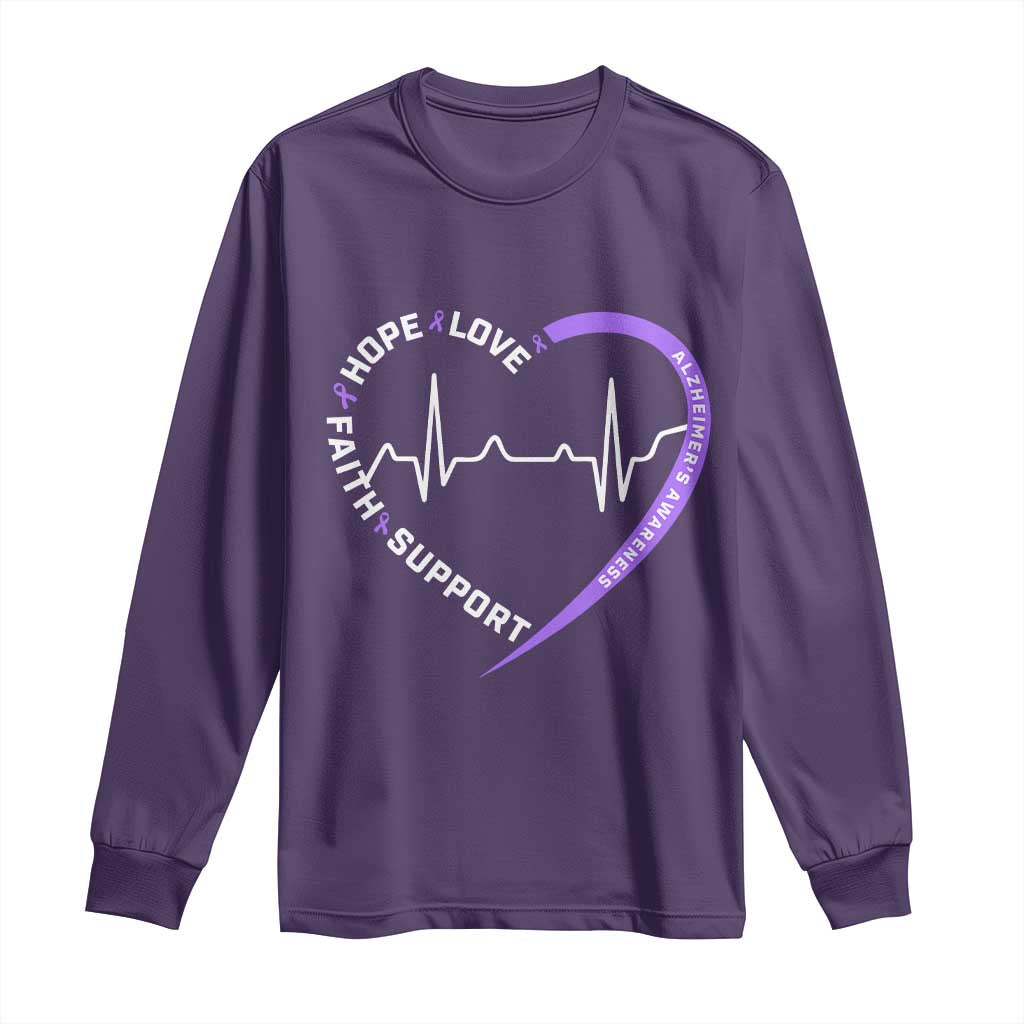 Alzheimers Awareness Heart Heartbeat Purple Ribbon Long Sleeve Shirt Hope Love Faith Support