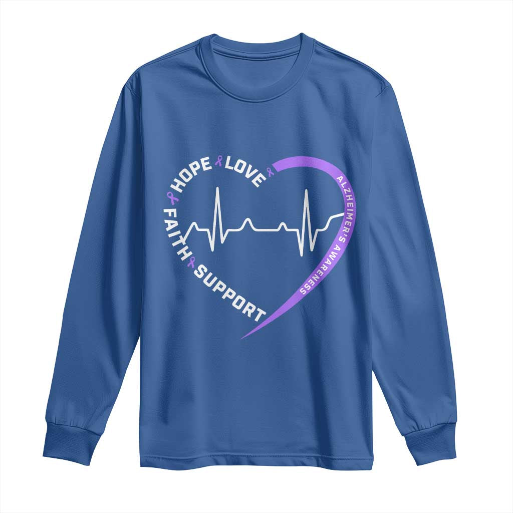 Alzheimers Awareness Heart Heartbeat Purple Ribbon Long Sleeve Shirt Hope Love Faith Support