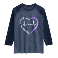 Alzheimers Awareness Heart Heartbeat Purple Ribbon Raglan Shirt Hope Love Faith Support