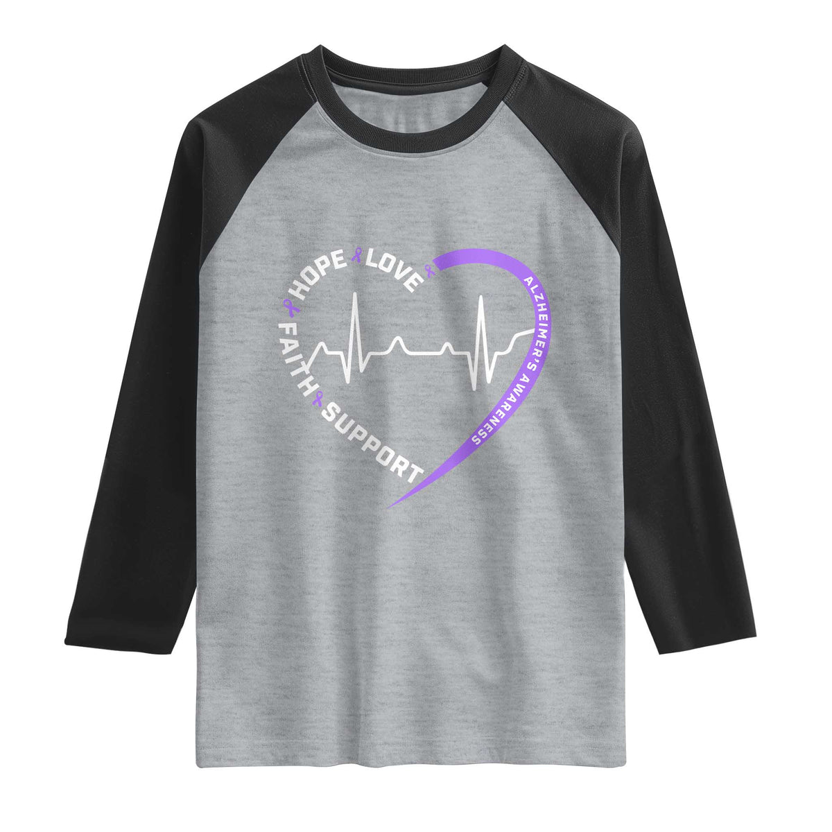 Alzheimers Awareness Heart Heartbeat Purple Ribbon Raglan Shirt Hope Love Faith Support