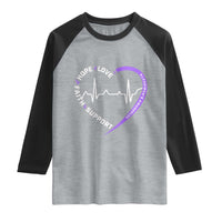 Alzheimers Awareness Heart Heartbeat Purple Ribbon Raglan Shirt Hope Love Faith Support