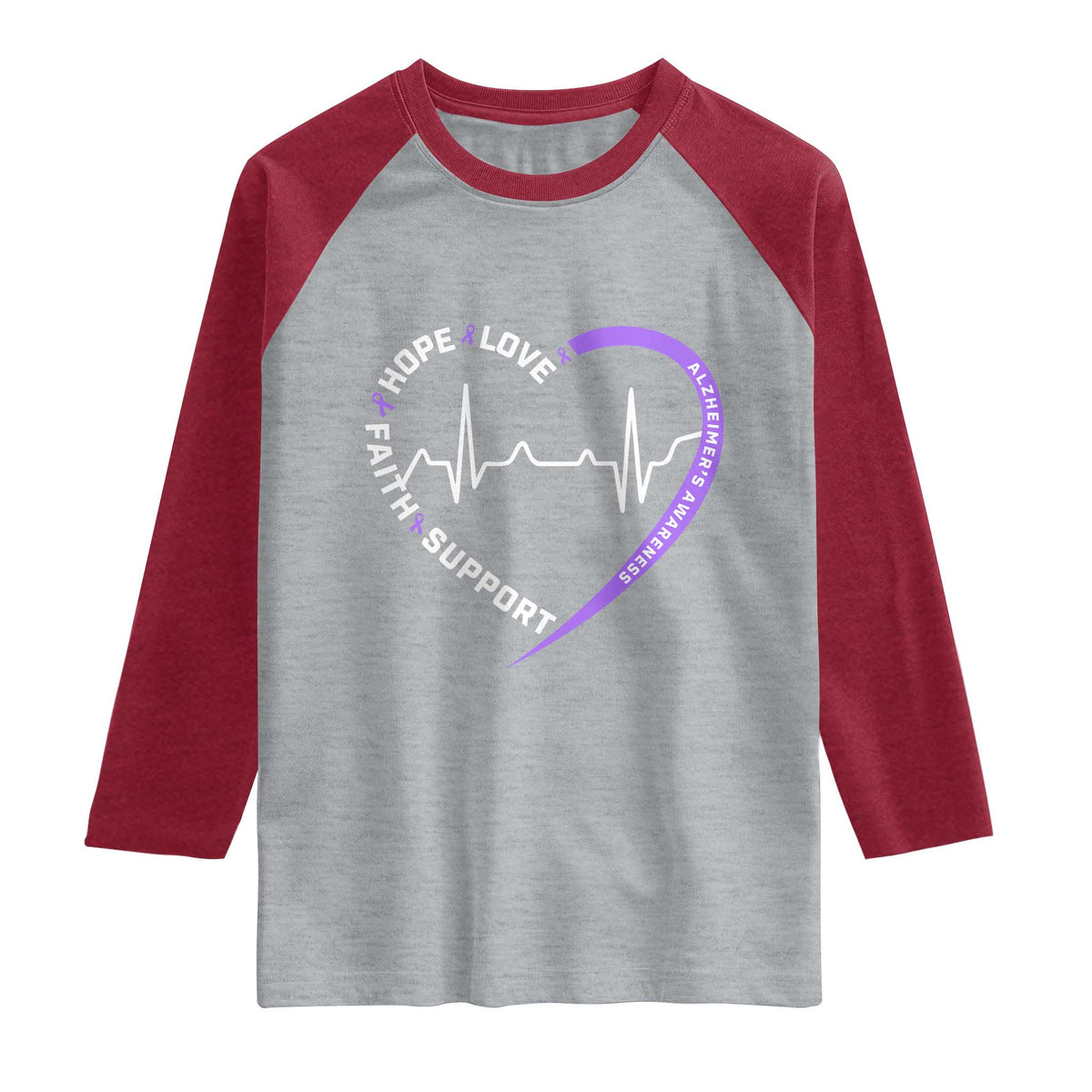 Alzheimers Awareness Heart Heartbeat Purple Ribbon Raglan Shirt Hope Love Faith Support