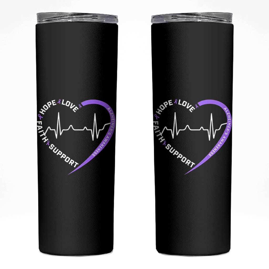Alzheimers Awareness Heart Heartbeat Purple Ribbon Skinny Tumbler Hope Love Faith Support
