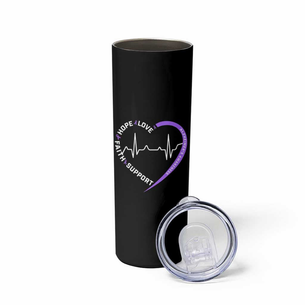 Alzheimers Awareness Heart Heartbeat Purple Ribbon Skinny Tumbler Hope Love Faith Support