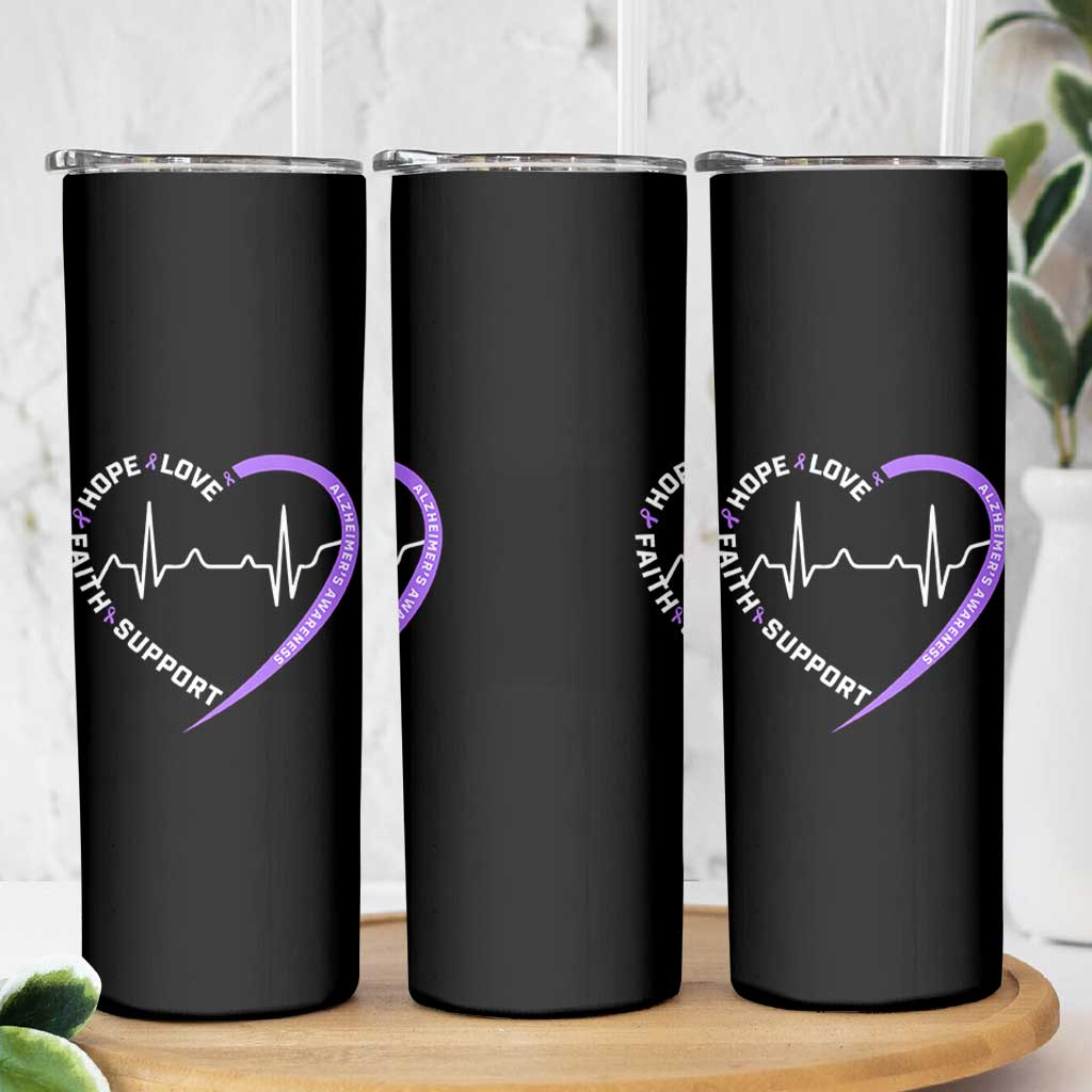 Alzheimers Awareness Heart Heartbeat Purple Ribbon Skinny Tumbler Hope Love Faith Support