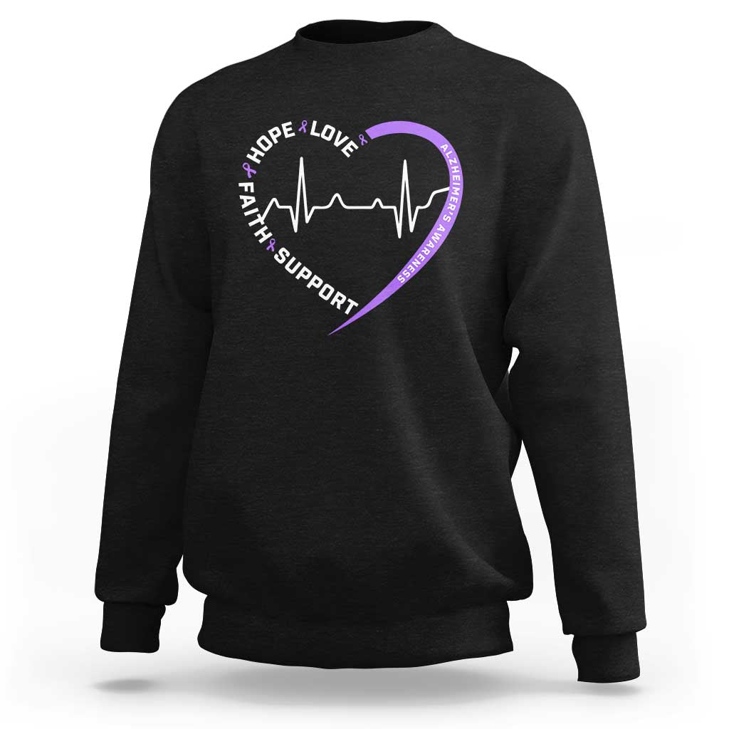 Alzheimers Awareness Heart Heartbeat Purple Ribbon Sweatshirt Hope Love Faith Support