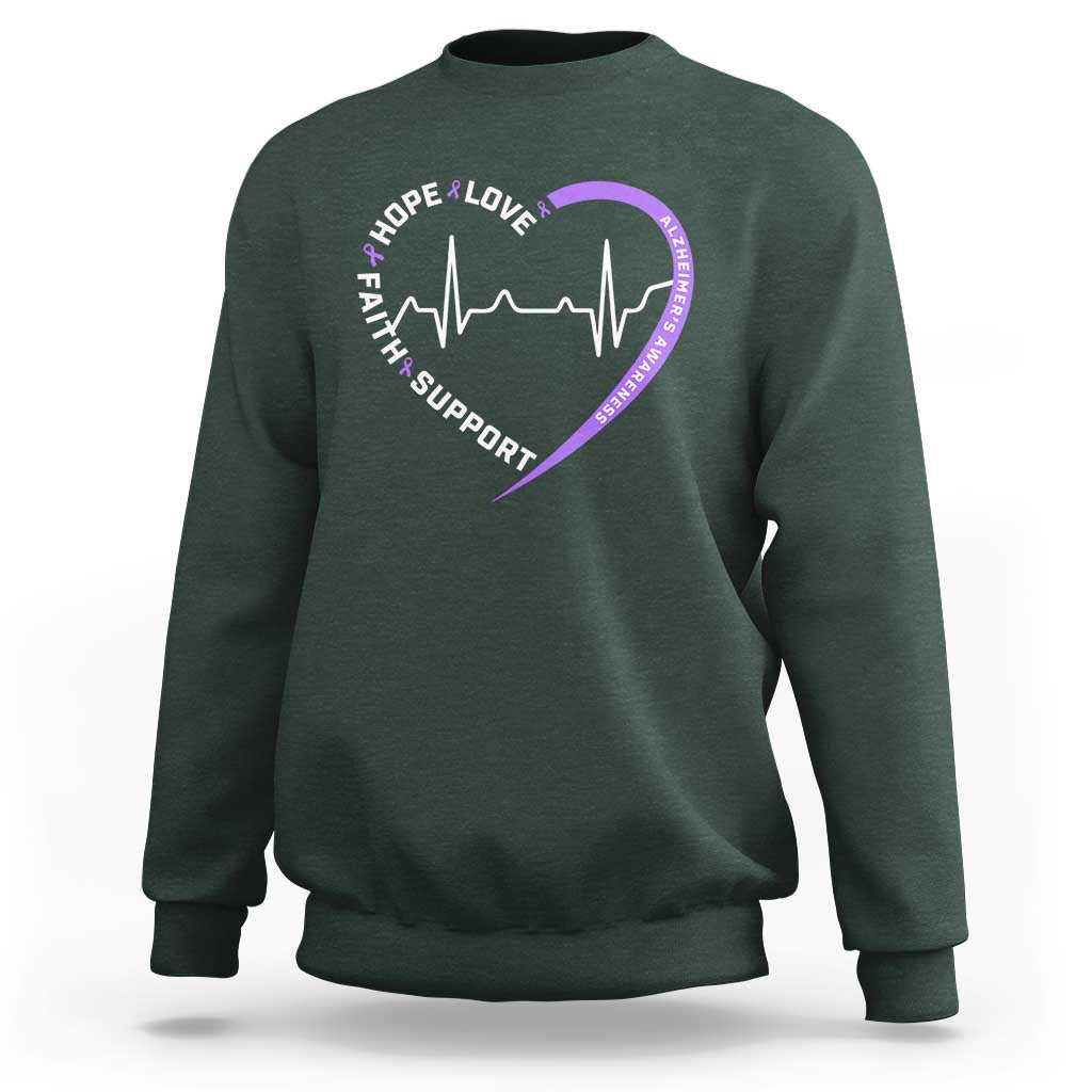 Alzheimers Awareness Heart Heartbeat Purple Ribbon Sweatshirt Hope Love Faith Support