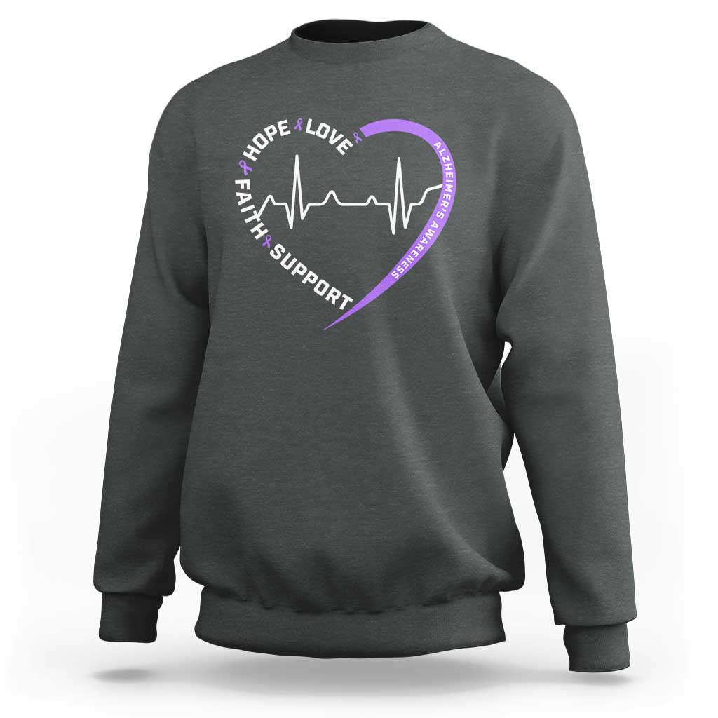 Alzheimers Awareness Heart Heartbeat Purple Ribbon Sweatshirt Hope Love Faith Support