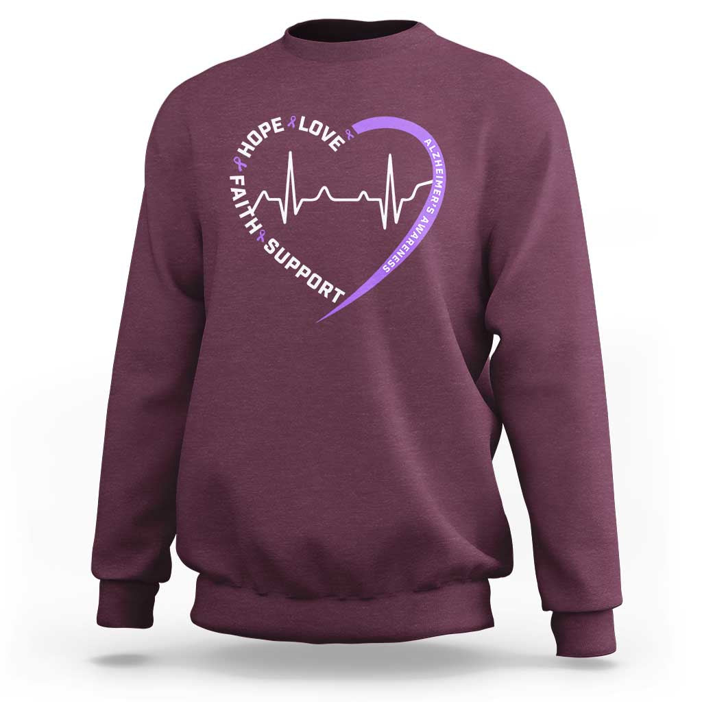 Alzheimers Awareness Heart Heartbeat Purple Ribbon Sweatshirt Hope Love Faith Support