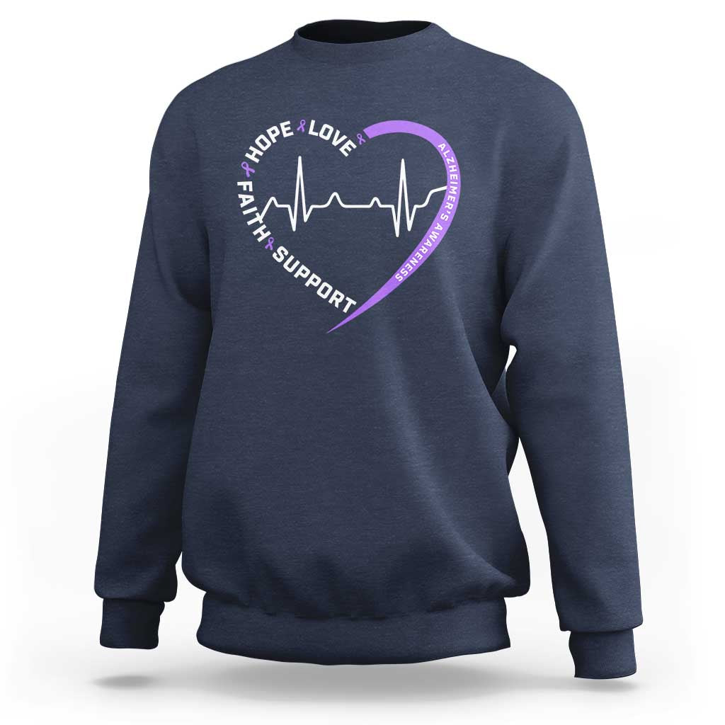 Alzheimers Awareness Heart Heartbeat Purple Ribbon Sweatshirt Hope Love Faith Support