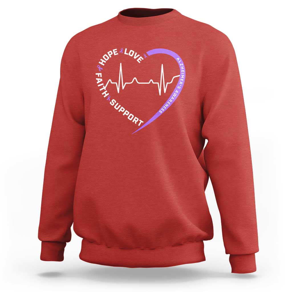 Alzheimers Awareness Heart Heartbeat Purple Ribbon Sweatshirt Hope Love Faith Support