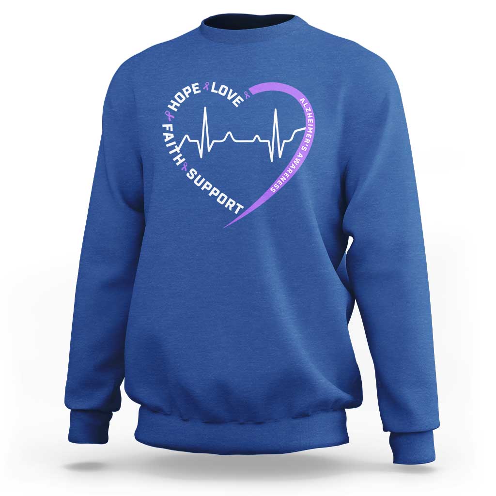 Alzheimers Awareness Heart Heartbeat Purple Ribbon Sweatshirt Hope Love Faith Support