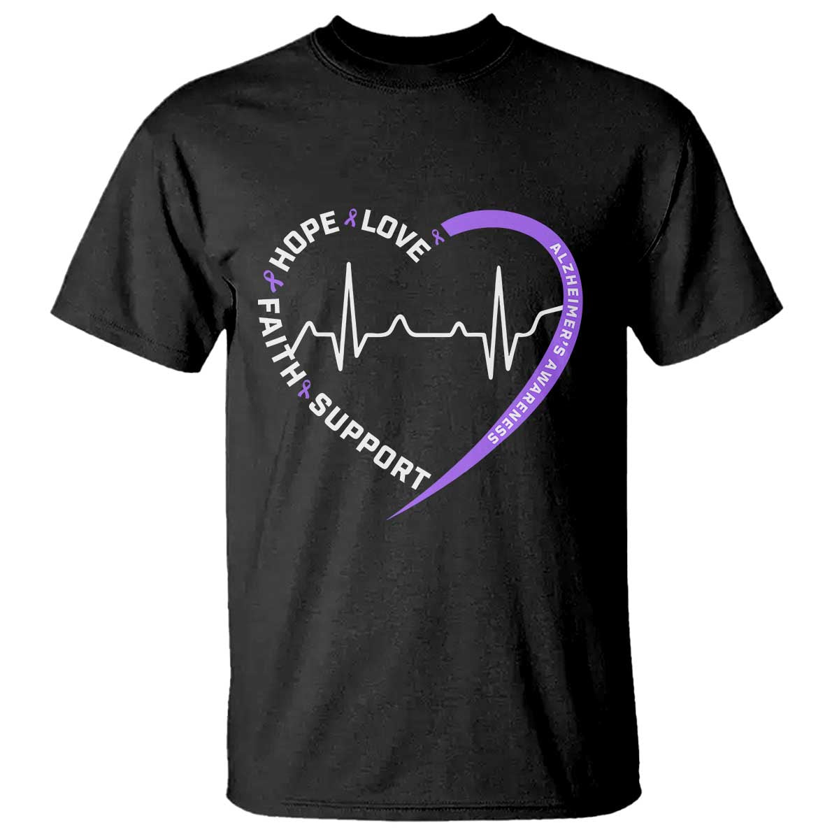 Alzheimers Awareness Heart Heartbeat Purple Ribbon T Shirt Hope Love Faith Support