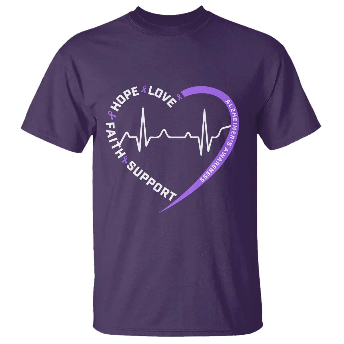 Alzheimers Awareness Heart Heartbeat Purple Ribbon T Shirt Hope Love Faith Support