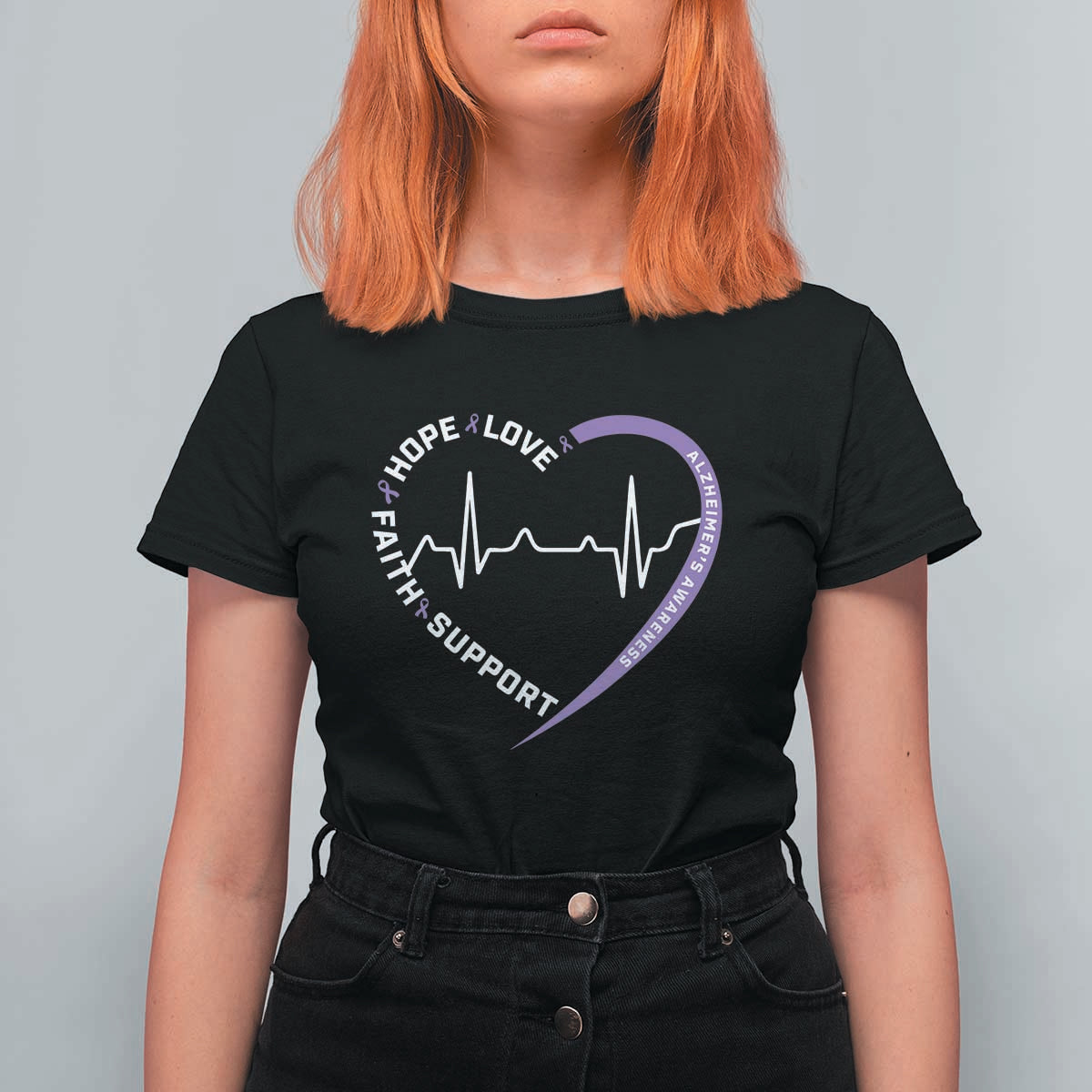 Alzheimers Awareness Heart Heartbeat Purple Ribbon T Shirt For Women Hope Love Faith Support