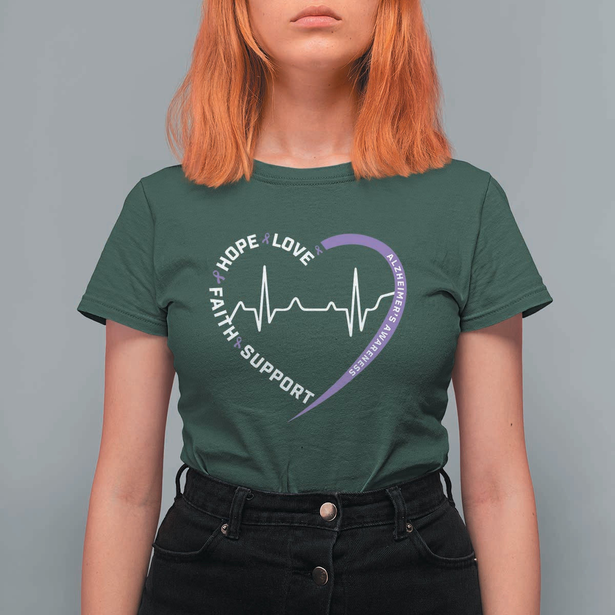 Alzheimers Awareness Heart Heartbeat Purple Ribbon T Shirt For Women Hope Love Faith Support