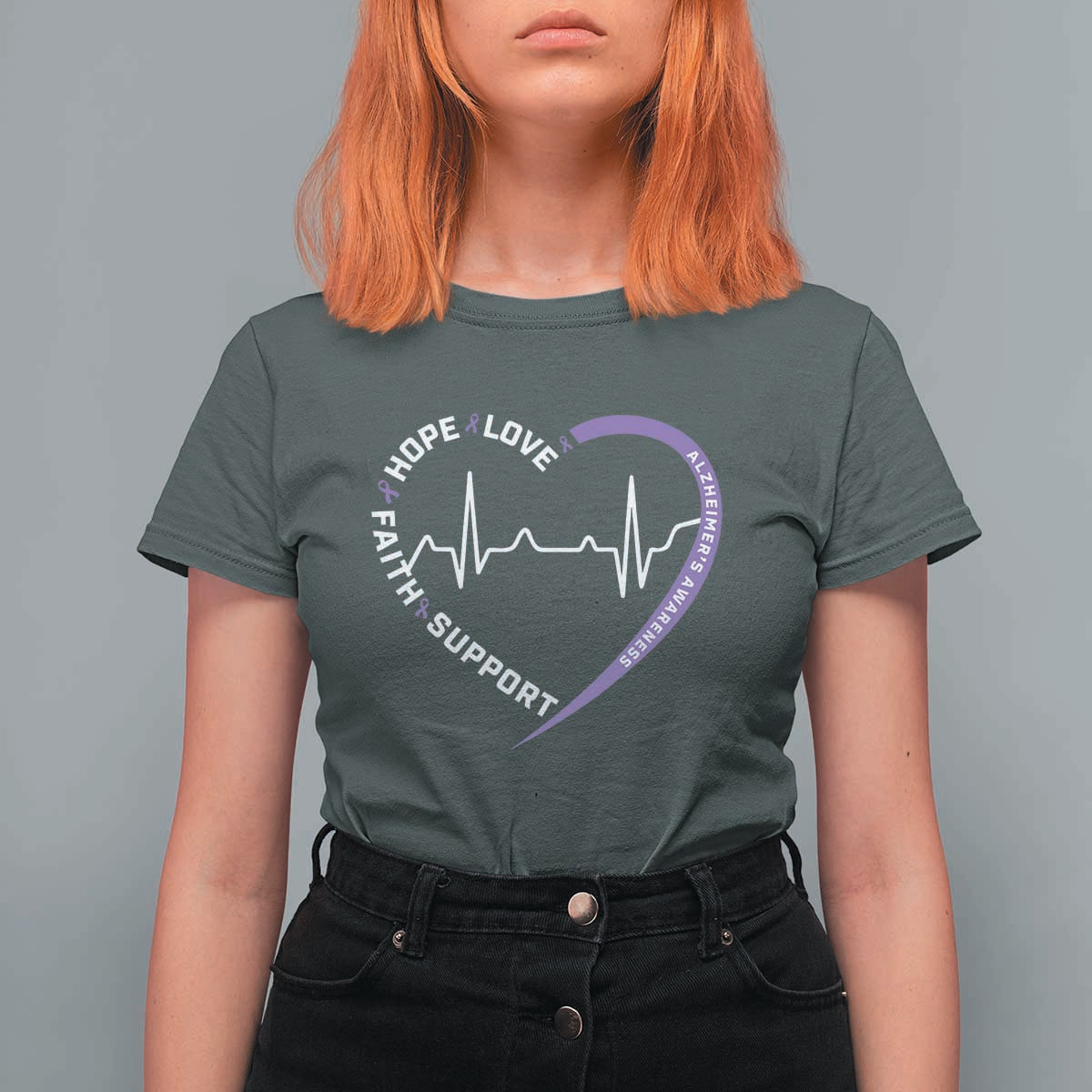 Alzheimers Awareness Heart Heartbeat Purple Ribbon T Shirt For Women Hope Love Faith Support