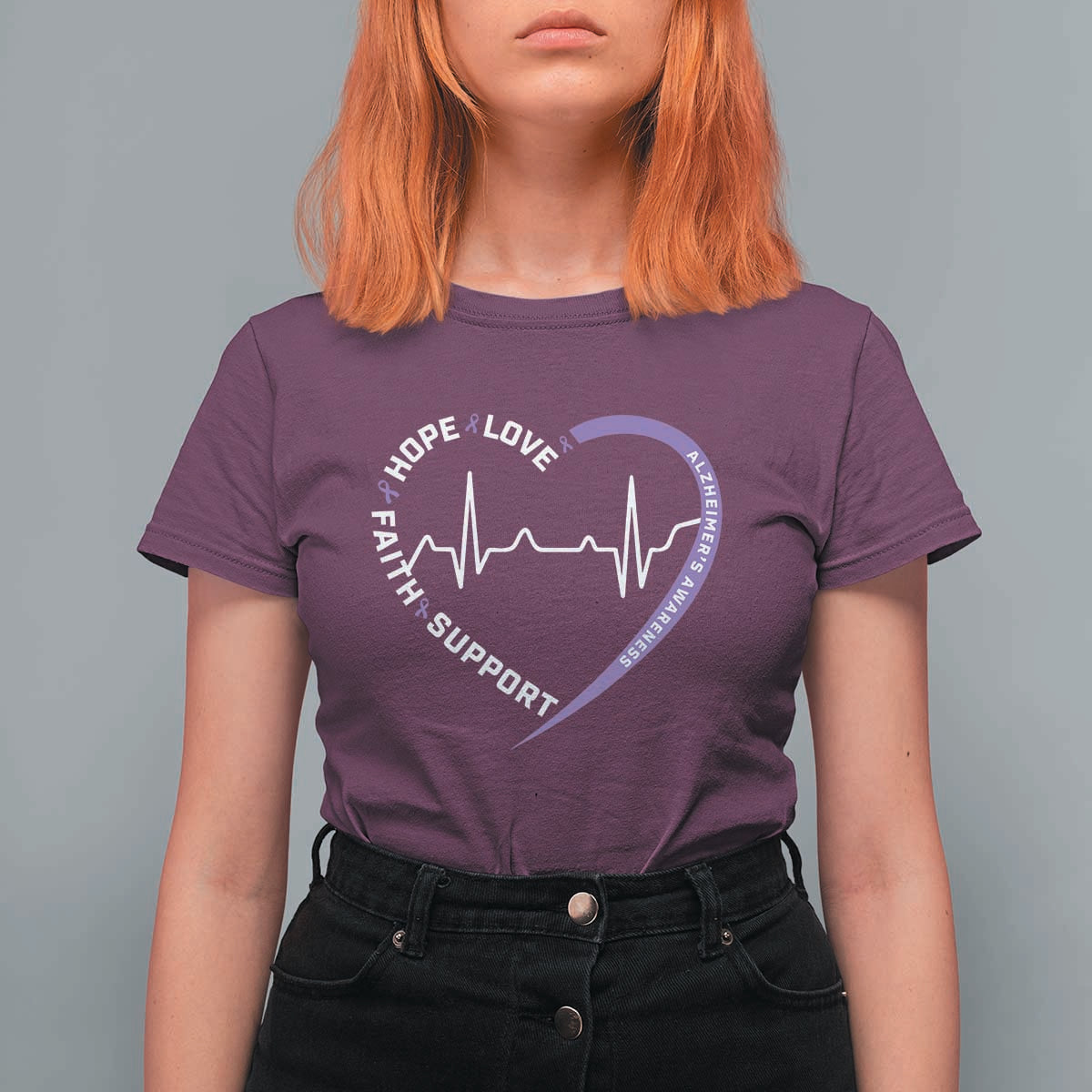 Alzheimers Awareness Heart Heartbeat Purple Ribbon T Shirt For Women Hope Love Faith Support