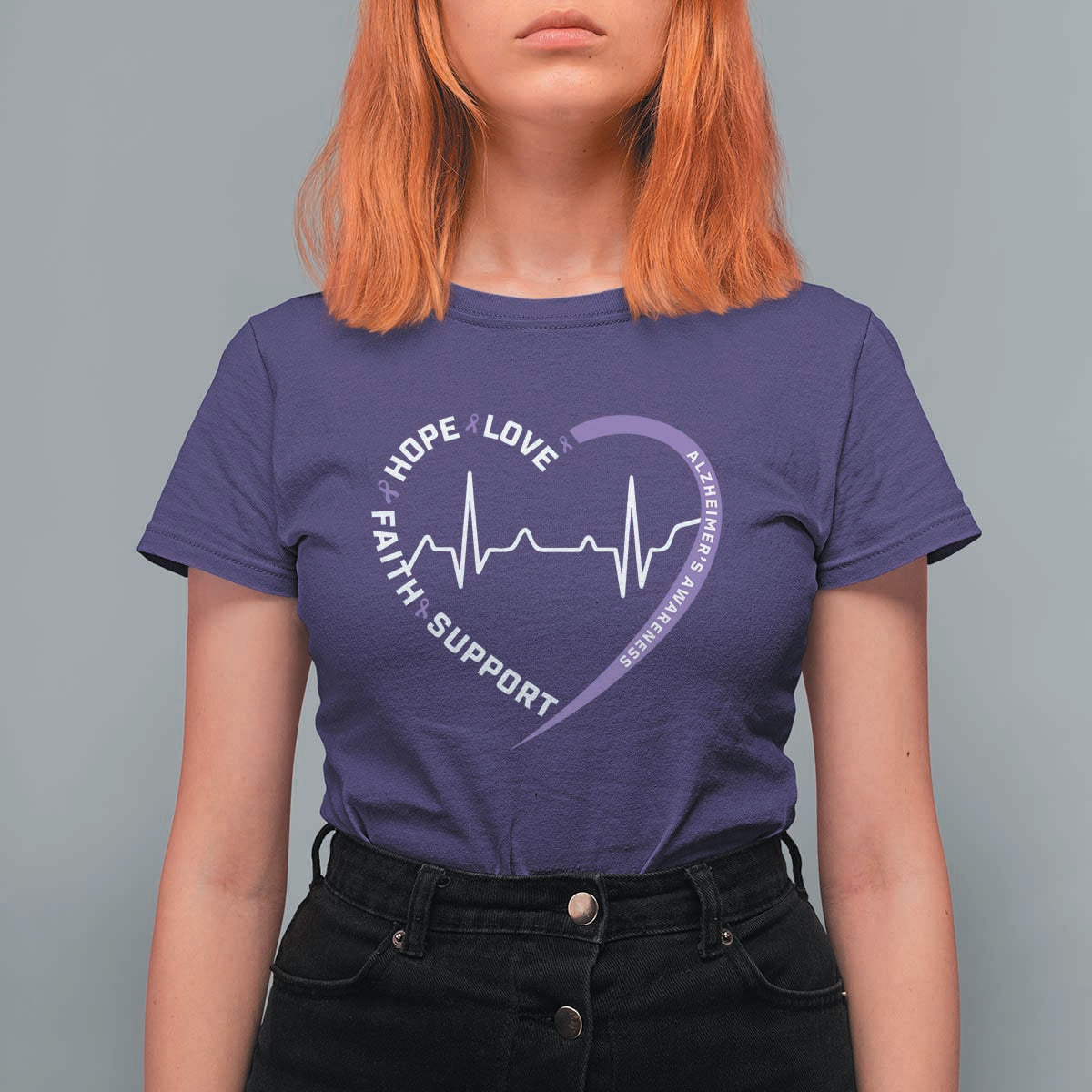 Alzheimers Awareness Heart Heartbeat Purple Ribbon T Shirt For Women Hope Love Faith Support
