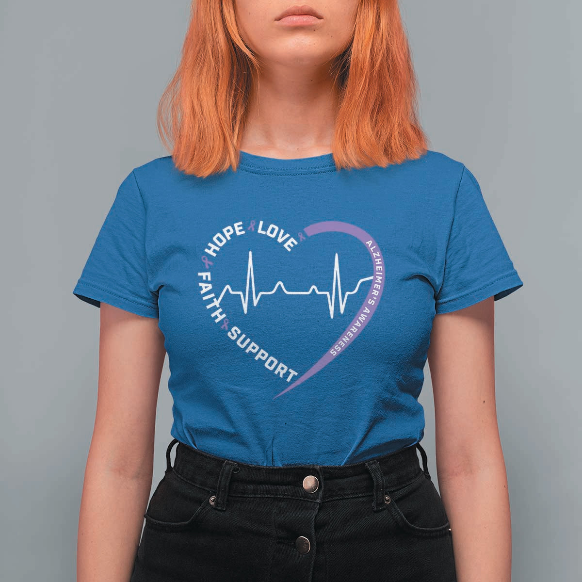 Alzheimers Awareness Heart Heartbeat Purple Ribbon T Shirt For Women Hope Love Faith Support