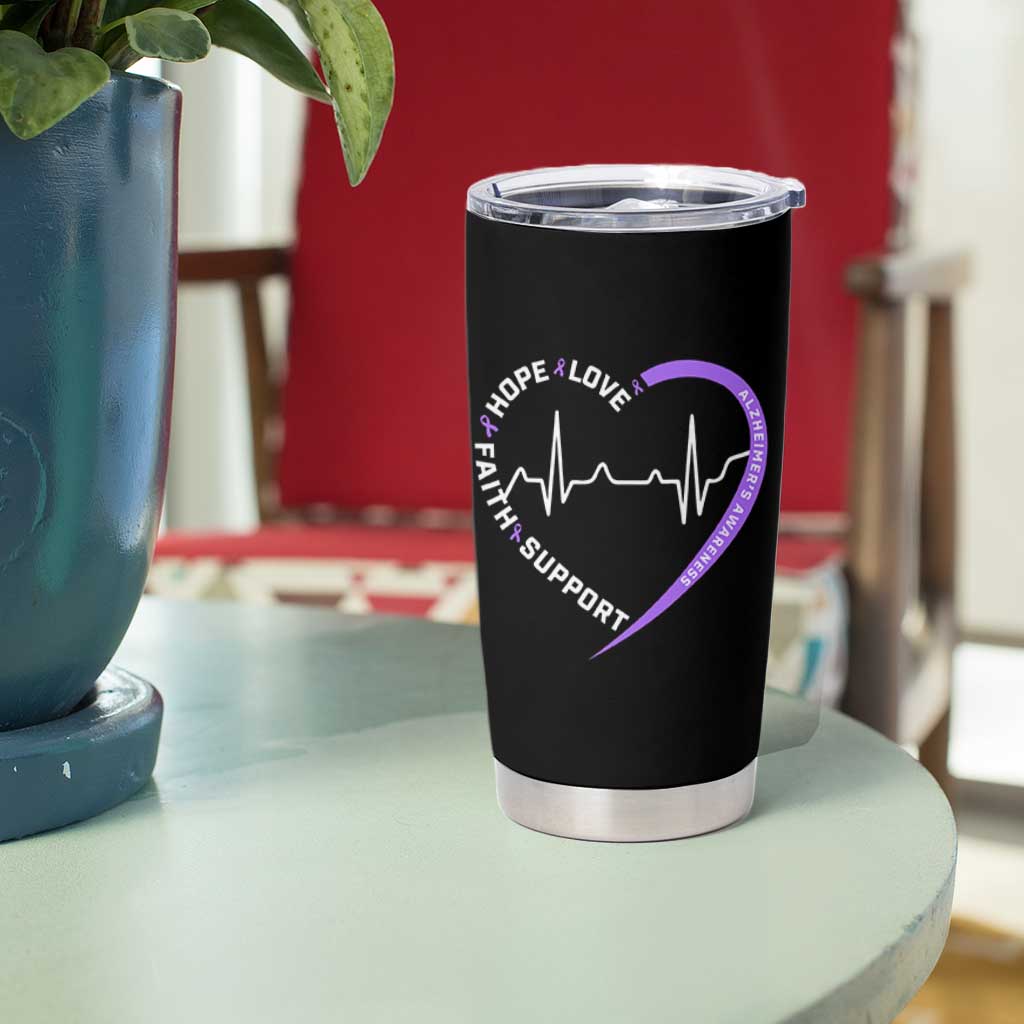 Alzheimers Awareness Heart Heartbeat Purple Ribbon Tumbler Cup Hope Love Faith Support