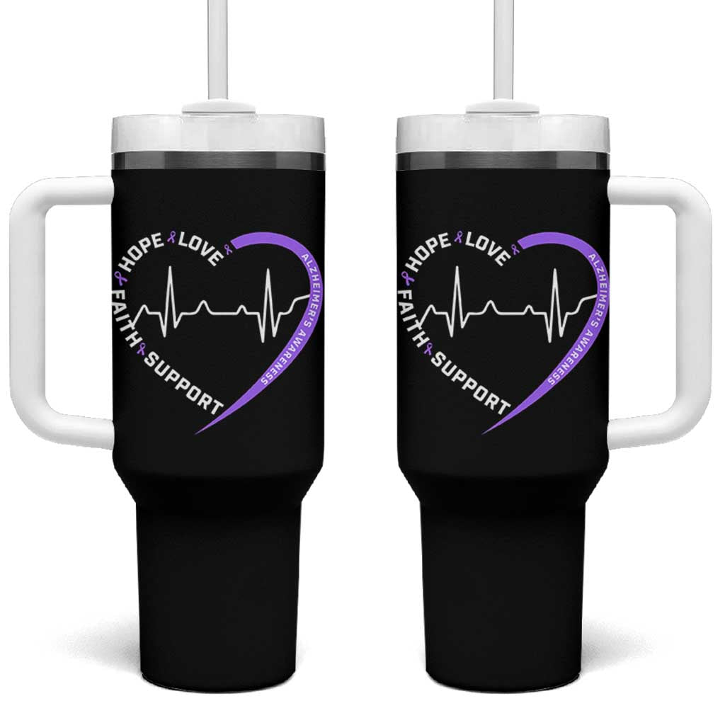 Alzheimers Awareness Heart Heartbeat Purple Ribbon Tumbler With Handle Hope Love Faith Support