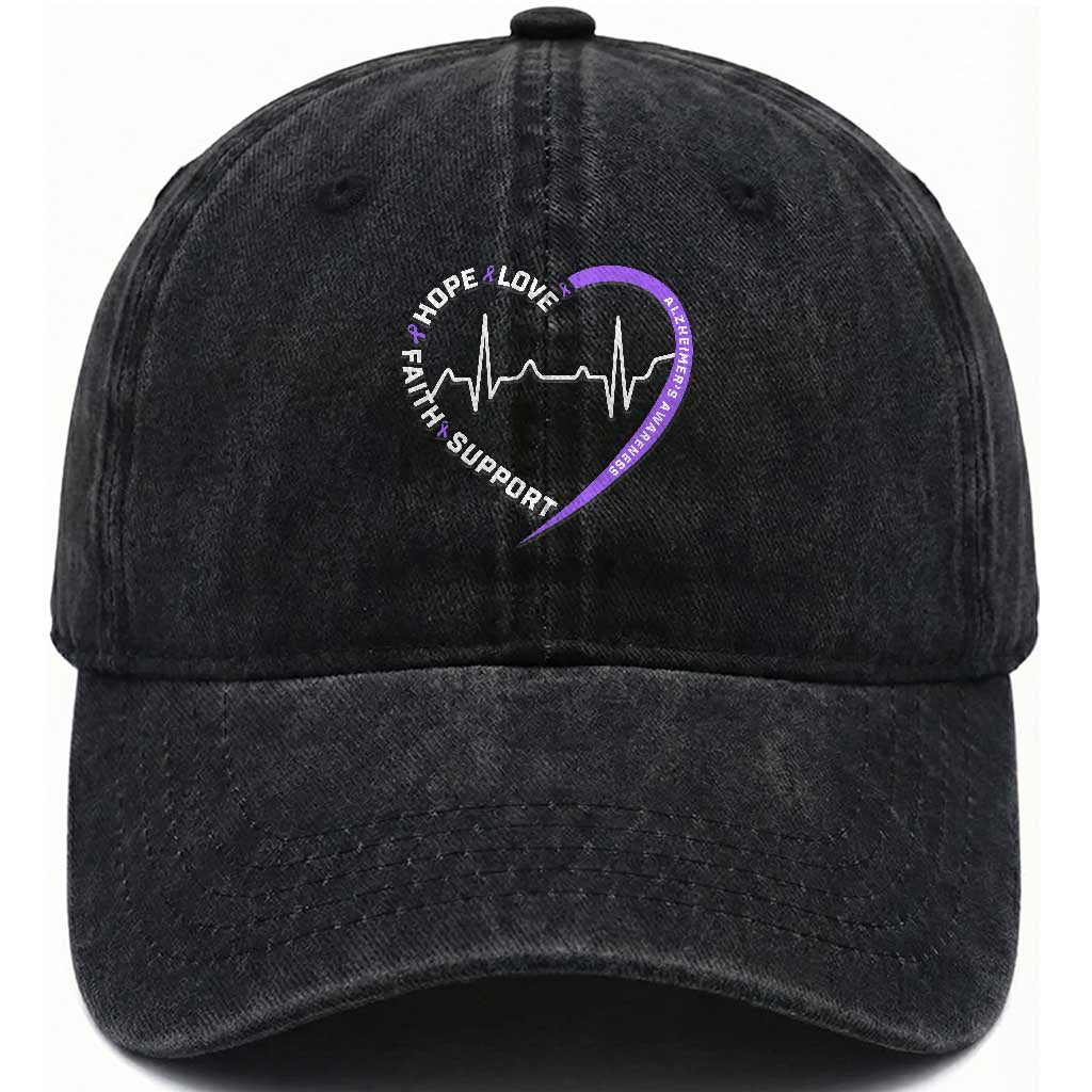 Alzheimers Awareness Heart Heartbeat Purple Ribbon Washed Cotton Baseball Cap Hope Love Faith Support