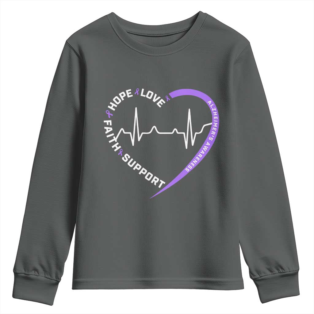 Alzheimers Awareness Heart Heartbeat Purple Ribbon Youth Sweatshirt Hope Love Faith Support
