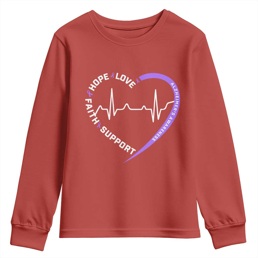 Alzheimers Awareness Heart Heartbeat Purple Ribbon Youth Sweatshirt Hope Love Faith Support