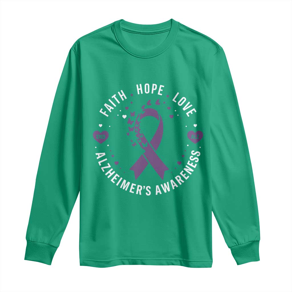 Faith Hope Love Purple Ribbon Long Sleeve Shirt End Alzheimers Butterfly Graphic