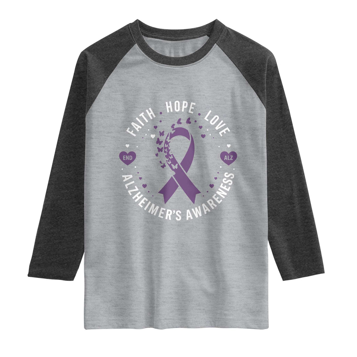 Faith Hope Love Purple Ribbon Raglan Shirt End Alzheimers Butterfly Graphic